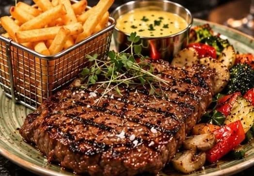 Grillad Angus-entrecôte med pommes, bearnaise och grillade grönsaker