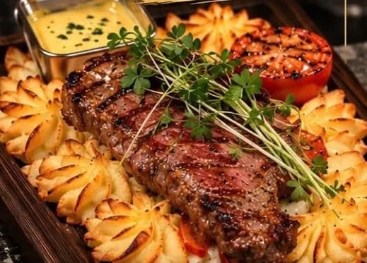 Grillad ryggbiff med duchessepotatis, bearnaise och grillad tomat