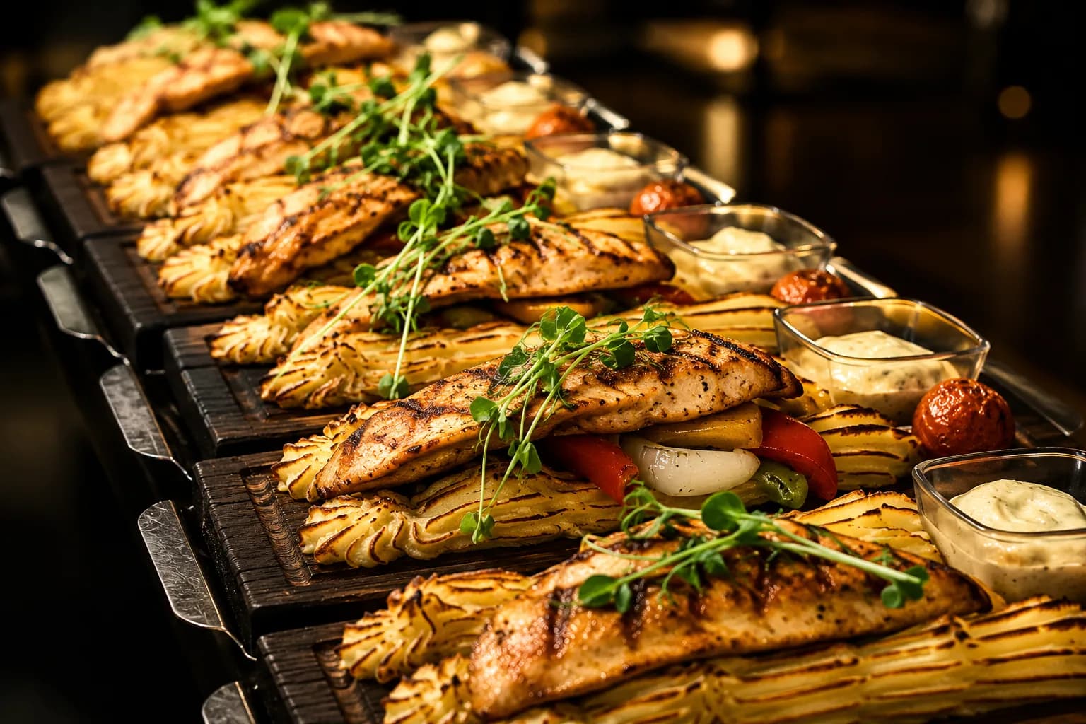 Grillad planka serverad på rykande varm träbräda