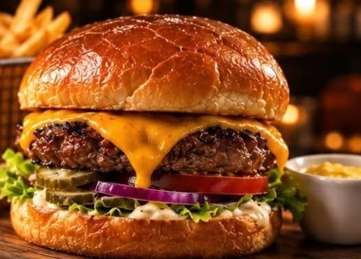 Bright Burger med smält cheddar, pickles och rödlök